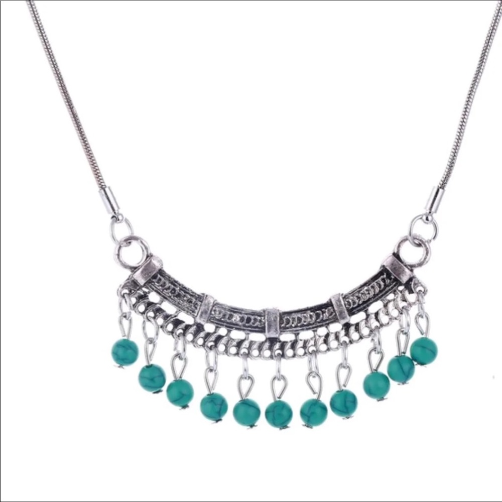 Tribal blue bead necklace women’s silver chain choker jewelry